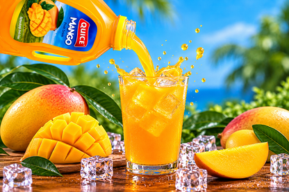 Mango fruit drink being poured from a Quice Mango bottle into an ice-filled glass, surrounded by fresh mangoes, mango slices and green leaves.