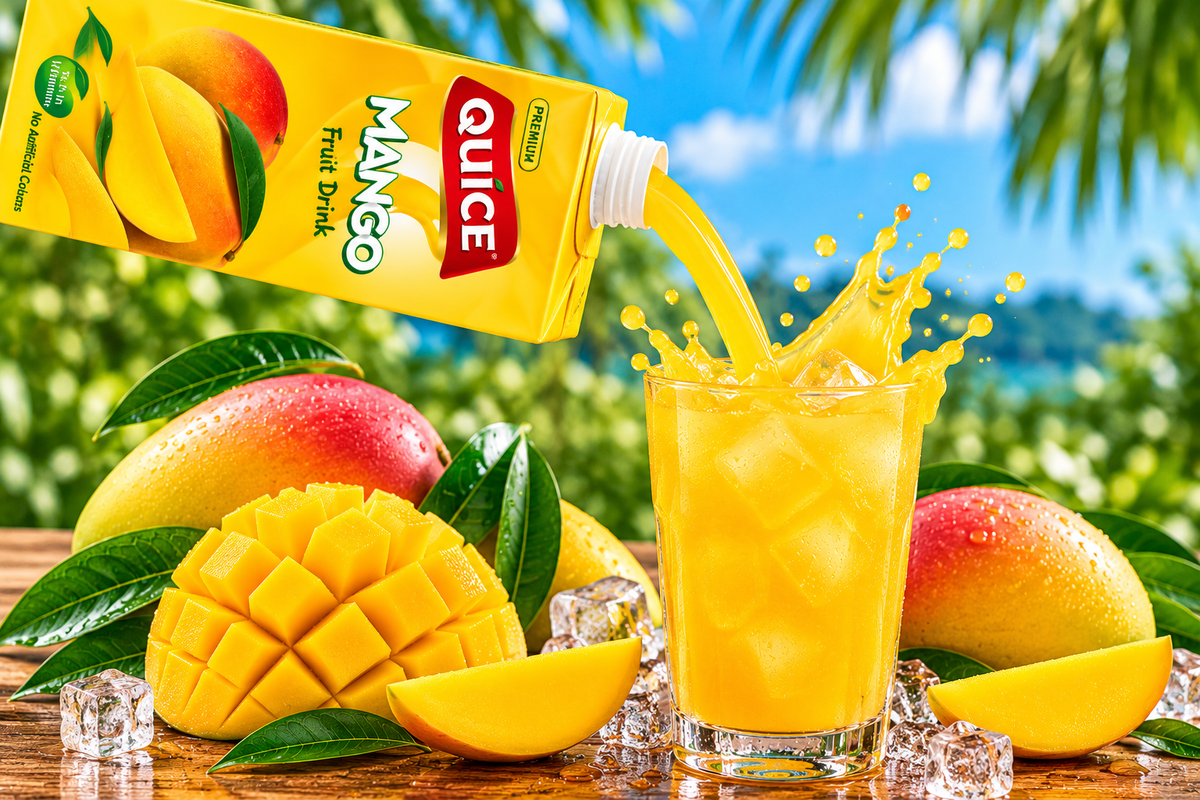 Mango fruit drink being poured into a glass with ice, accompanied by Quice Mango carton packaging and fresh mango pieces.