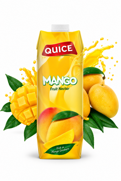 Quice Mango Fruit Nectar 1 litre yellow carton with mango illustrations and green leaves, displayed against a clean white background.