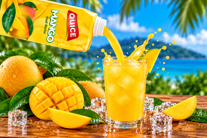Quice Mango Fruit Nectar being poured into an ice-filled glass, surrounded by fresh mangoes, sliced mango and green leaves.