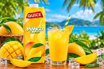 Quice Mango Fruit Nectar 1L carton beside a glass of chilled mango nectar with ice cubes, fresh mango slices and green leaves.