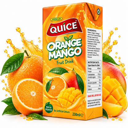 Quice Premium Orange Mango Fruit Drink 250ml carton in bright orange packaging with orange and mango illustrations on a white background.