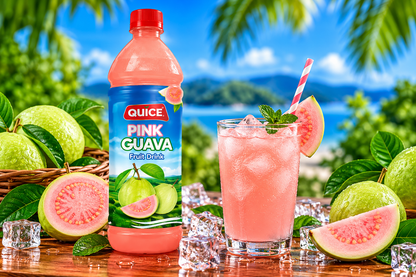 Quice Pink Guava Fruit Drink 1L bottle beside a glass of chilled pink guava drink with ice cubes, fresh guava slices and green leaves.