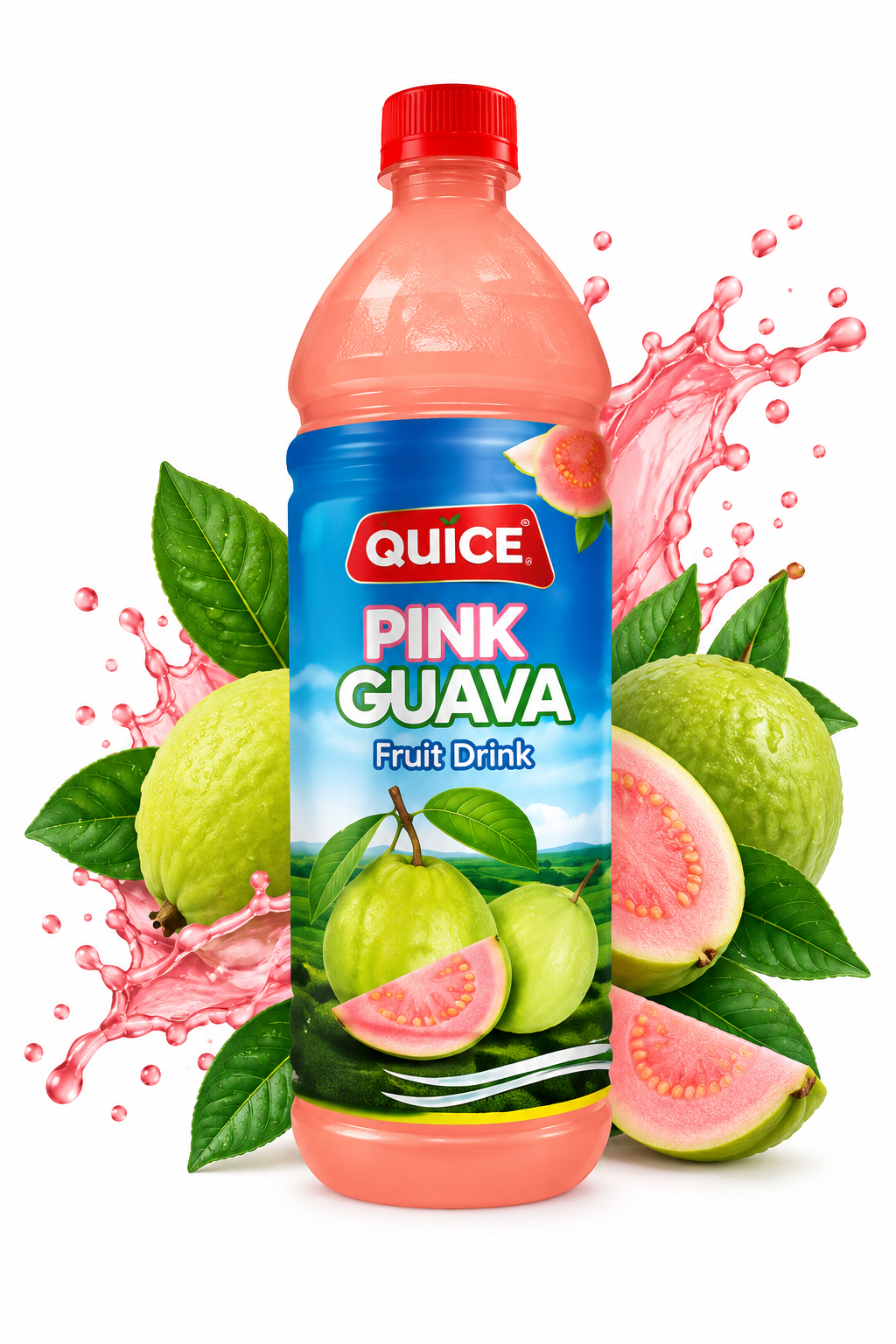 Quice Pink Guava Fruit Drink 1 litre bottle with red cap, blue label and pink guava fruit graphics, displayed with fresh guavas and green leaves against a white background.