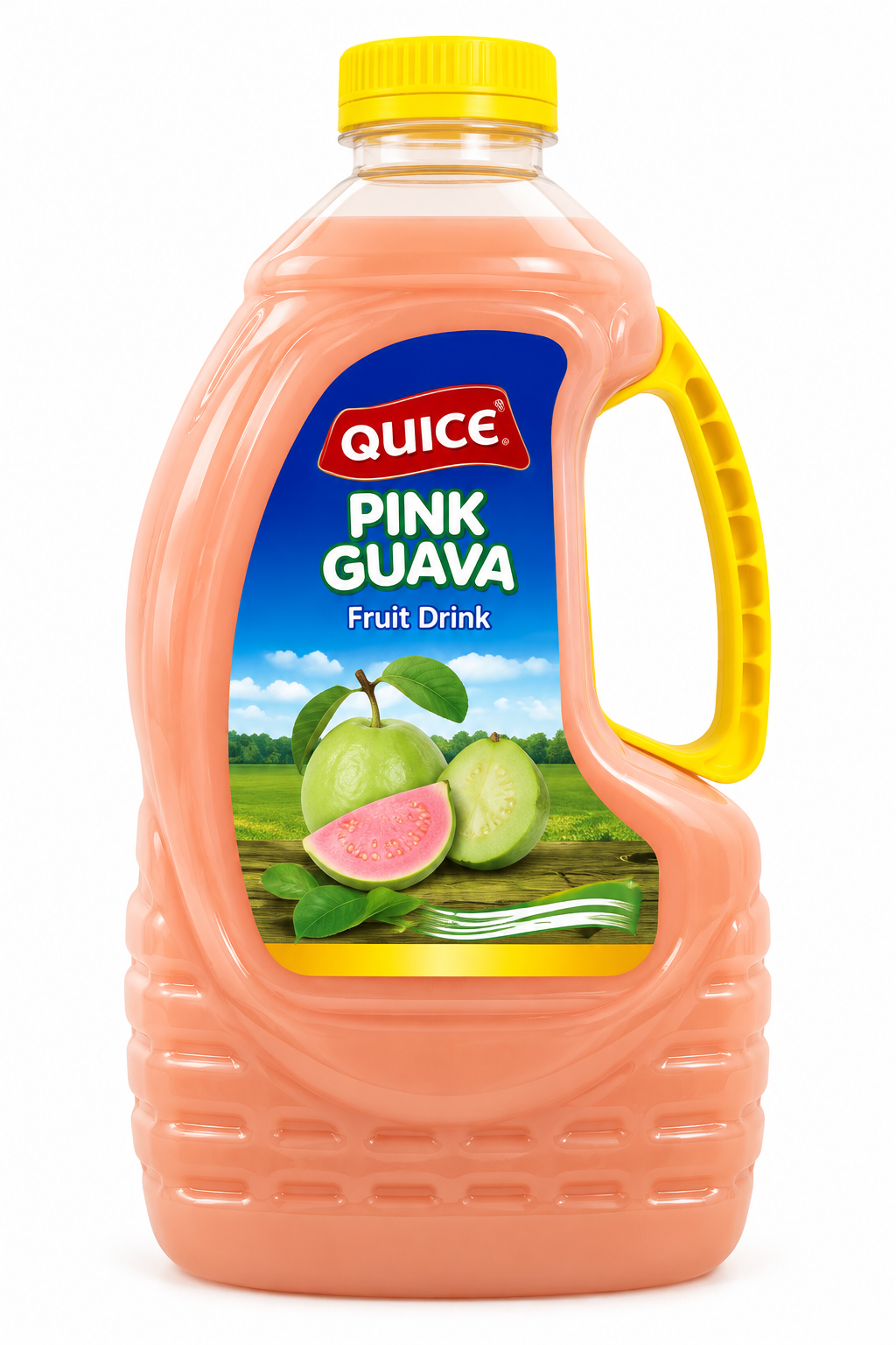 Quice Pink Guava Fruit Drink 2 litre bottle with yellow cap, built-in handle and colourful pink guava label against a clean white background.