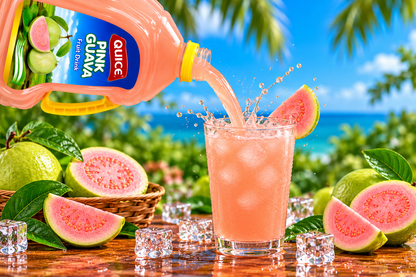 Quice Pink Guava Fruit Drink being poured into an ice-filled glass, surrounded by fresh guava halves, pink guava slices and green leaves.