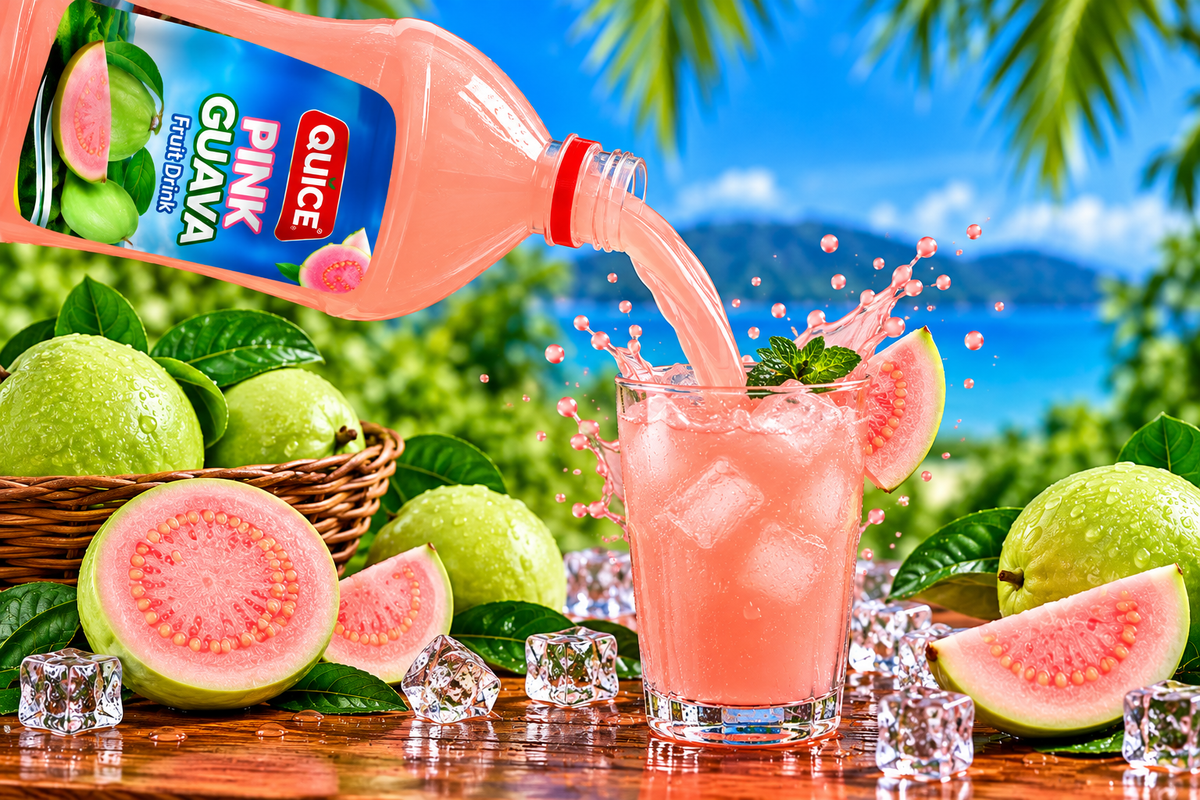 Quice Pink Guava Fruit Drink being poured into an ice-filled glass, surrounded by fresh pink guava halves, guava slices and green leaves.