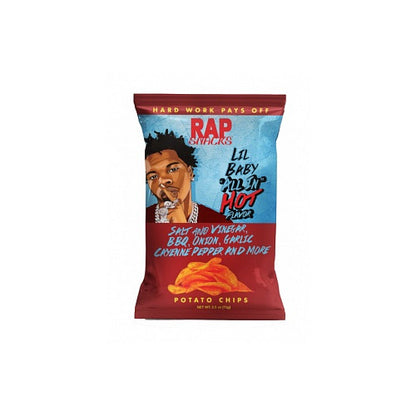 Front view of Rap Snacks Lil Baby “All In” Hot Flavour 12 × 71 g showing crispy potato chips with spicy seasoning.