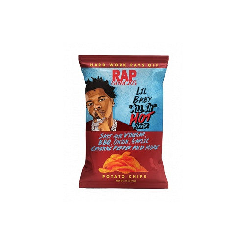 Front view of Rap Snacks Lil Baby “All In” Hot Flavour 12 × 71 g showing crispy potato chips with spicy seasoning.