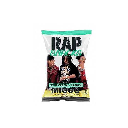 A bag of Rap Snacks Migos Sour Cream & Ranch chips, featuring a bold combination of creamy sour cream and zesty ranch seasoning. The packaging showcases the Migos branding with vibrant colors and hip-hop-inspired design.