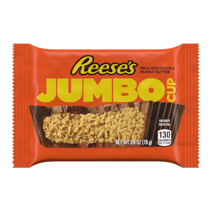 Reese’s Jumbo Cup 2.8oz 79g single peanut butter cup wrapper front view