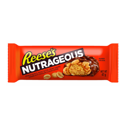 Reese's Nutrageous 47g chocolate bar front packaging featuring crunchy peanuts, creamy peanut butter, caramel and rich milk chocolate coating.
