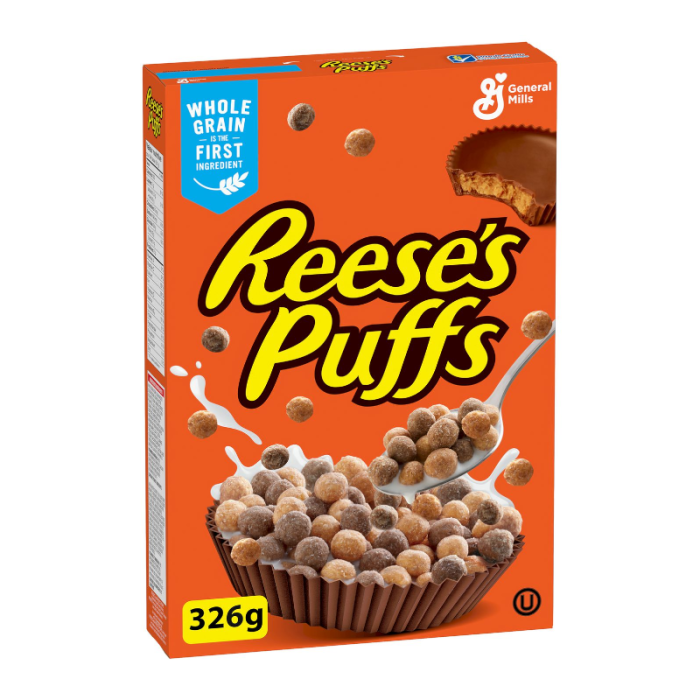Box of Reese's Puffs Cereal (326g) with a vibrant display of chocolate and peanut butter-flavored puffed cereal.