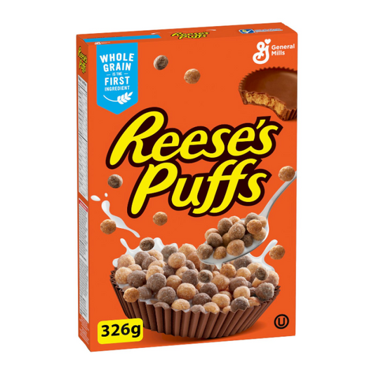 Box of Reese's Puffs Cereal (326g) with a vibrant display of chocolate and peanut butter-flavored puffed cereal.