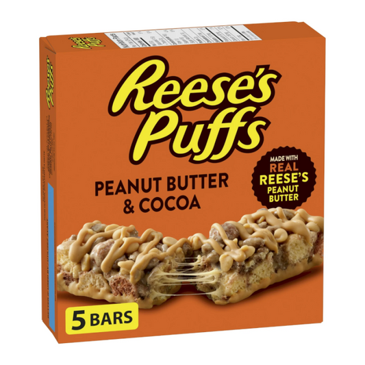 Reese's Puffs Treat Bars (5-Pack, 120g) featuring chocolate and peanut butter-flavored crispy cereal bars, individually wrapped for convenience.