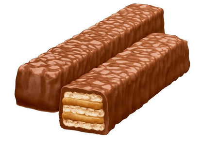 Two Reese’s Sticks chocolate covered wafer bars with layered peanut butter crème filling, one cut open to show crispy wafer interior.