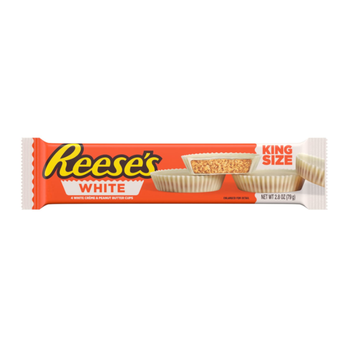 Reese’s White Chocolate Peanut Butter Cups King Size 2.8oz (79g) candy bar wrapper, orange packaging with “Reese’s White” logo and image of white creme peanut butter cups.