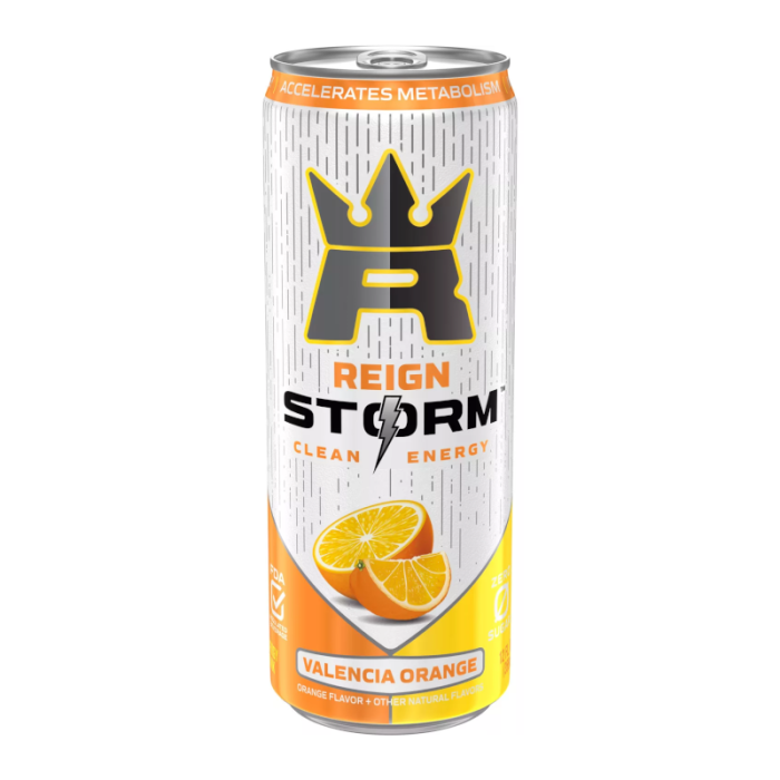 Reign Storm Clean Energy Valencia Orange 12fl oz can with natural caffeine, electrolytes, and B-vitamins