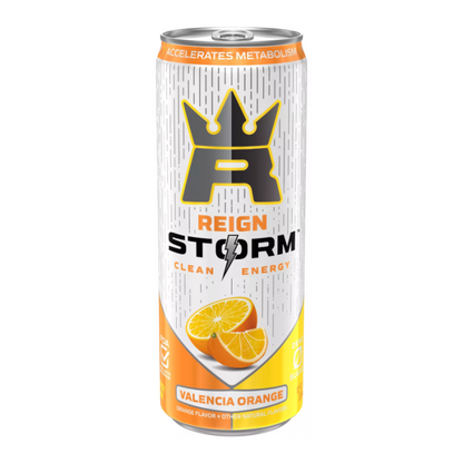 Reign Storm Clean Energy Valencia Orange 12fl oz can with natural caffeine, electrolytes, and B-vitamins