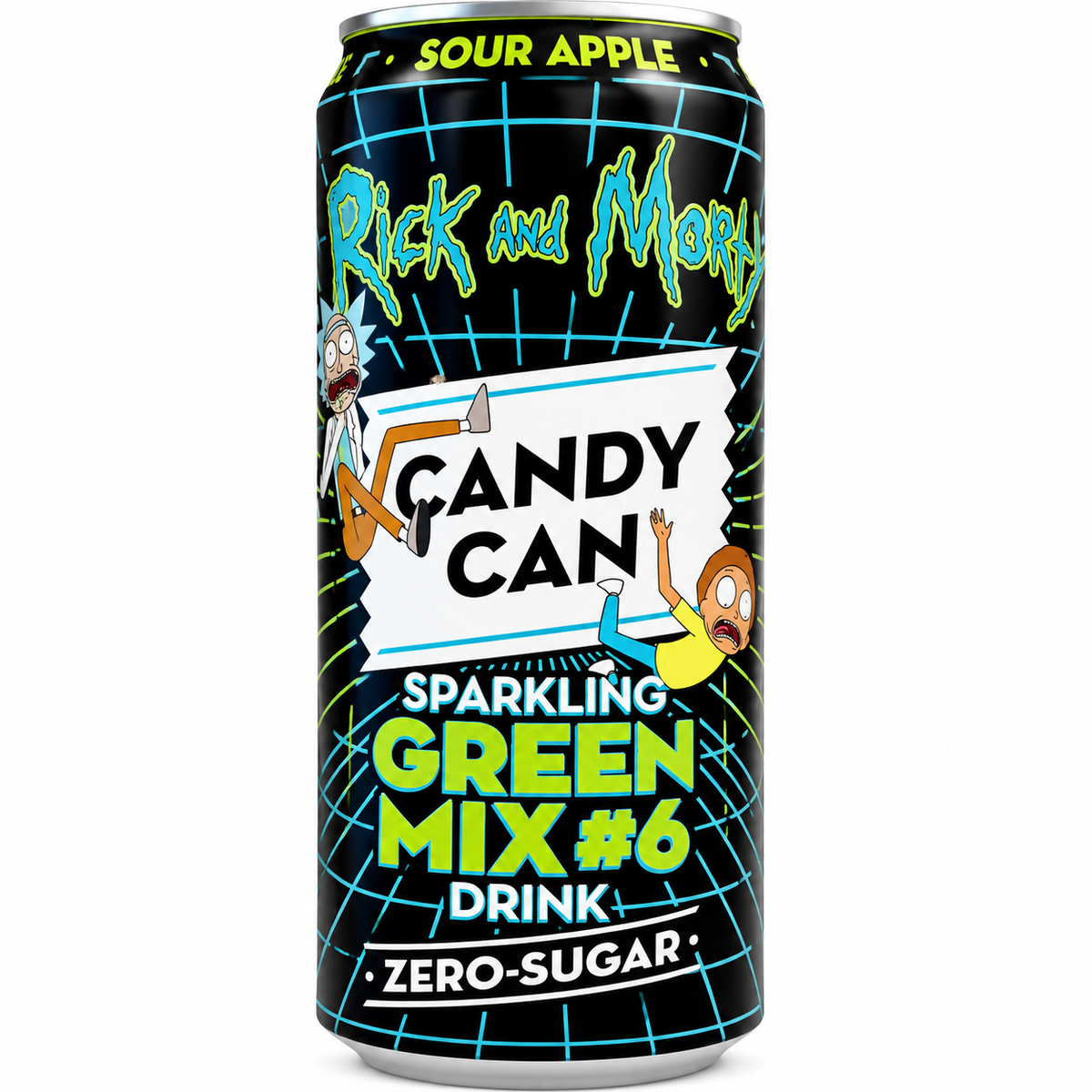Rick and Morty Candy Can Sour Apple Sparkling Green Mix #6 Zero Sugar Drink – black can with sour apple flavour and colourful Rick and Morty graphics