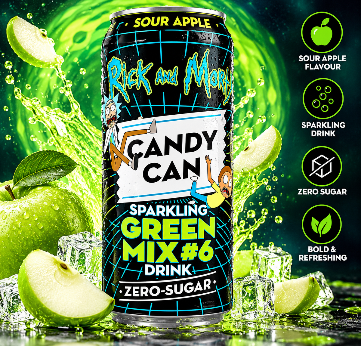 Rick and Morty Candy Can Sour Apple Sparkling Green Mix #6 Zero Sugar Drink – colourful product display with green apples, ice cubes and refreshing sparkling drink splash