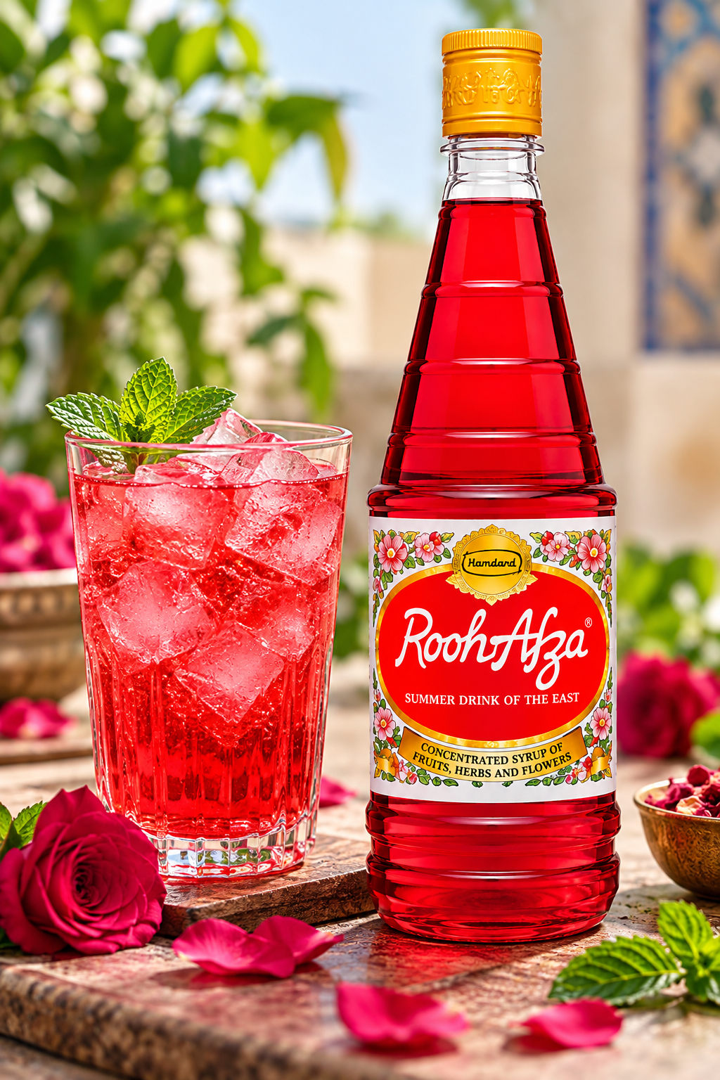 Hamdard Rooh Afza 800ml syrup bottle beside a glass of chilled red drink with ice cubes, fresh mint leaves and rose petals.