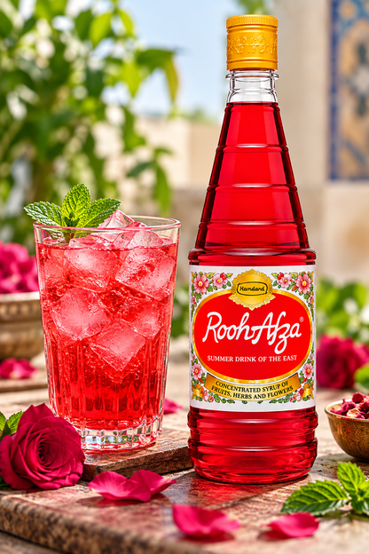 Hamdard Rooh Afza 800ml syrup bottle beside a glass of chilled red drink with ice cubes, fresh mint leaves and rose petals.