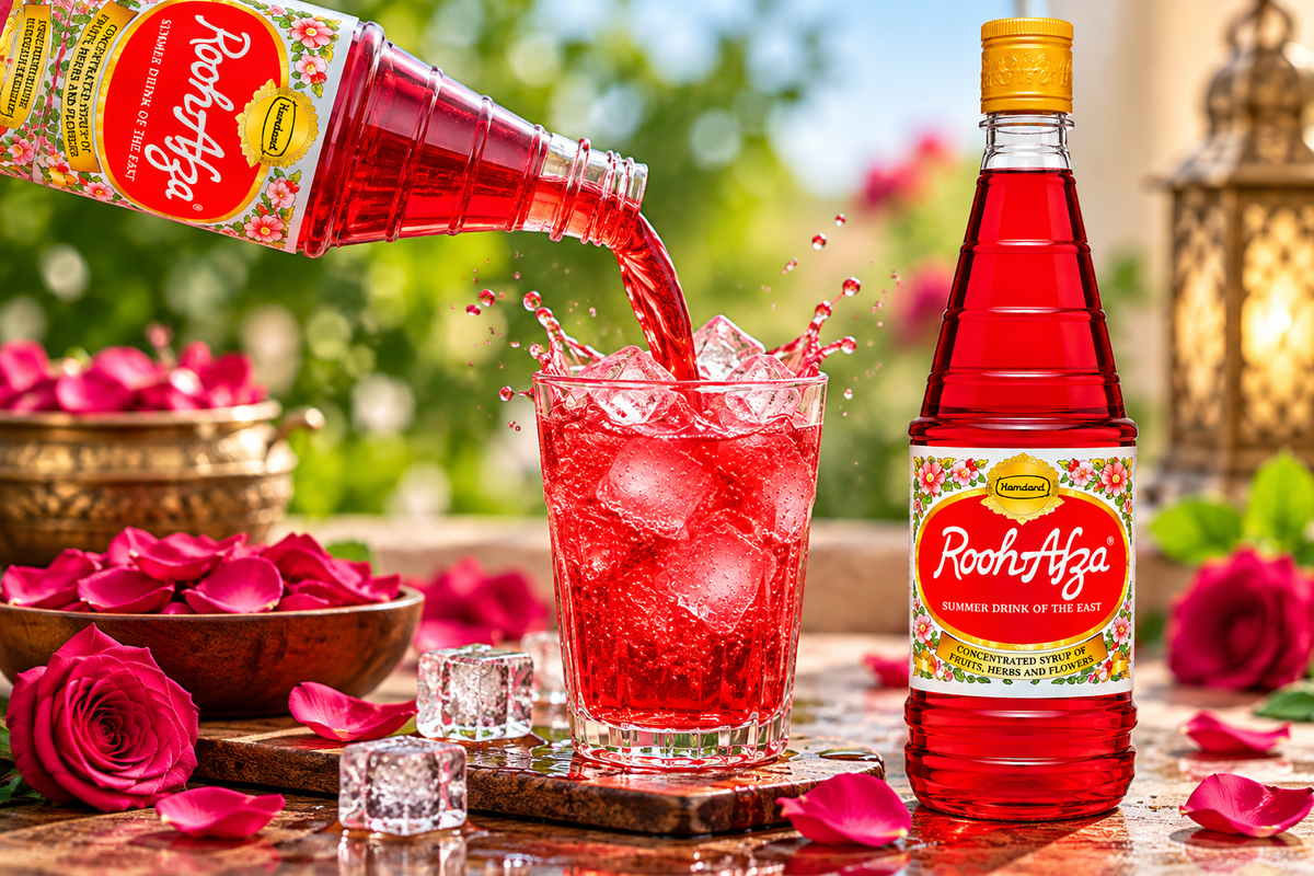 Hamdard Rooh Afza red concentrated syrup being poured into a glass of chilled drink with ice, surrounded by rose petals and decorative flowers.