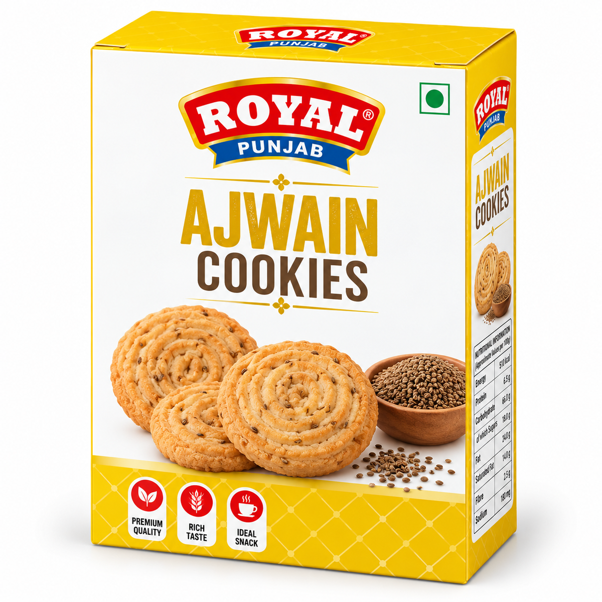 Royal Punjab Ajwain Cookies 300g box featuring golden ajwain cookies, carom seeds in a bowl, yellow and white packaging, and the red and blue Royal Punjab logo.