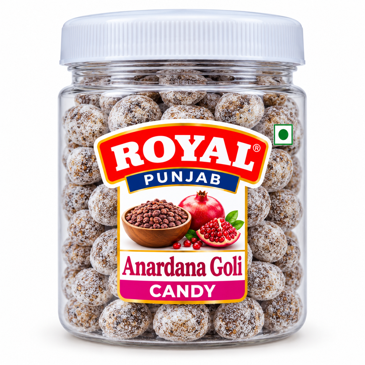 Royal Punjab Anardana Goli 100g clear plastic jar featuring round sugar-coated anardana candies, fresh pomegranate and pomegranate seeds, a white screw lid, and red, blue and pink Royal Punjab branding.