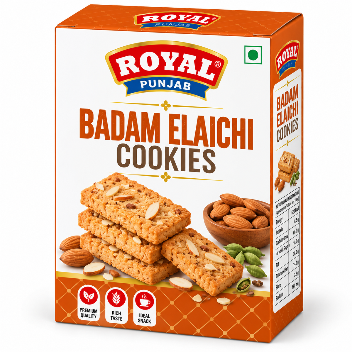 Royal Punjab Badam Elaichi Cookies 300g box featuring golden almond cookies, sliced almonds, whole almonds and green cardamom pods, orange and white packaging, and the red and blue Royal Punjab logo.