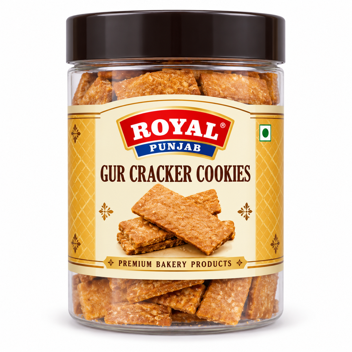 Royal Punjab Gur Cracker Cookies 200g jar featuring golden-brown jaggery crackers, a transparent container, dark brown lid, and cream-and-gold Royal Punjab packaging.