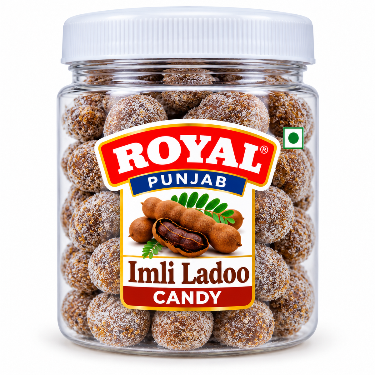 Royal Punjab Imli Ladoo 100g clear plastic jar featuring round tamarind candies coated with sugar and spices, fresh tamarind pod graphics, a white screw lid, and red, blue and white Royal Punjab branding.
