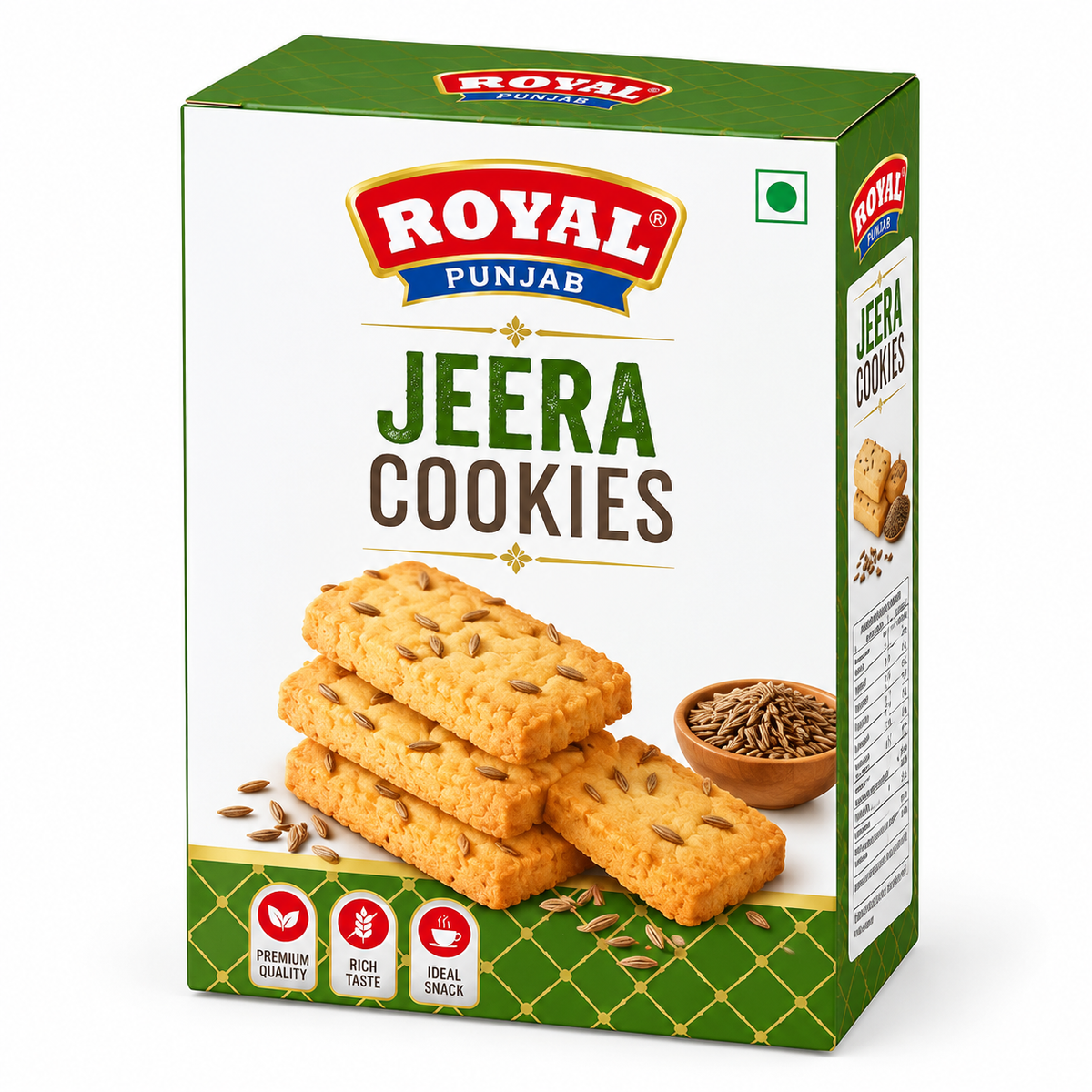Royal Punjab Jeera Cookies 300g box featuring golden cumin-seed cookies, cumin seeds, green and white packaging, and the red and blue Royal Punjab logo.