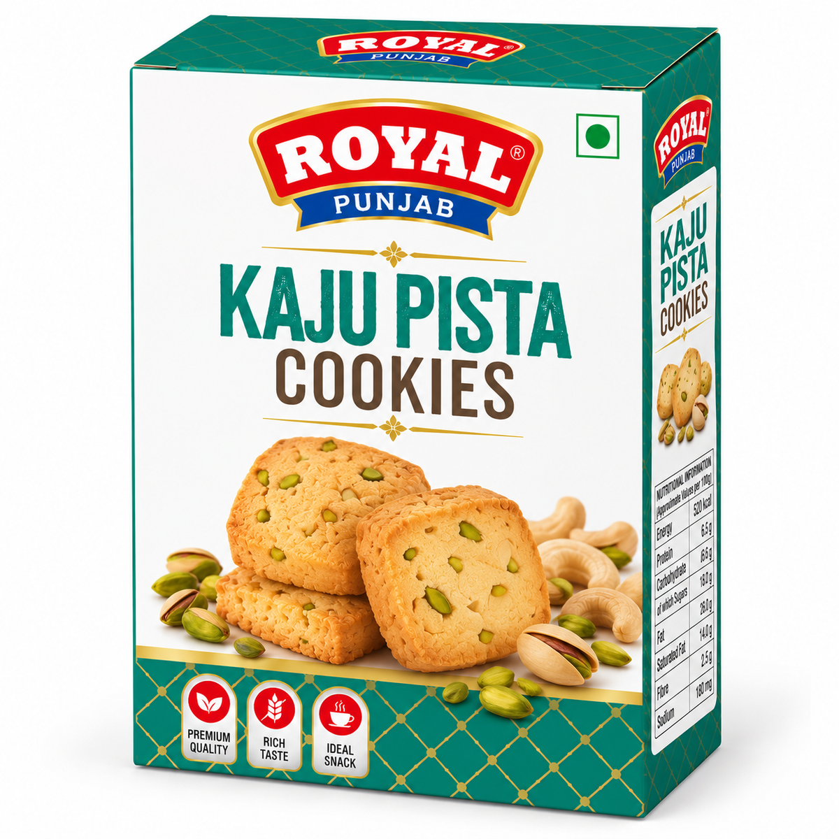 Royal Punjab Kaju Pista Cookies 200g box featuring golden cookies with pistachio pieces, cashews and green pistachios, teal and white packaging, and the red and blue Royal Punjab logo.