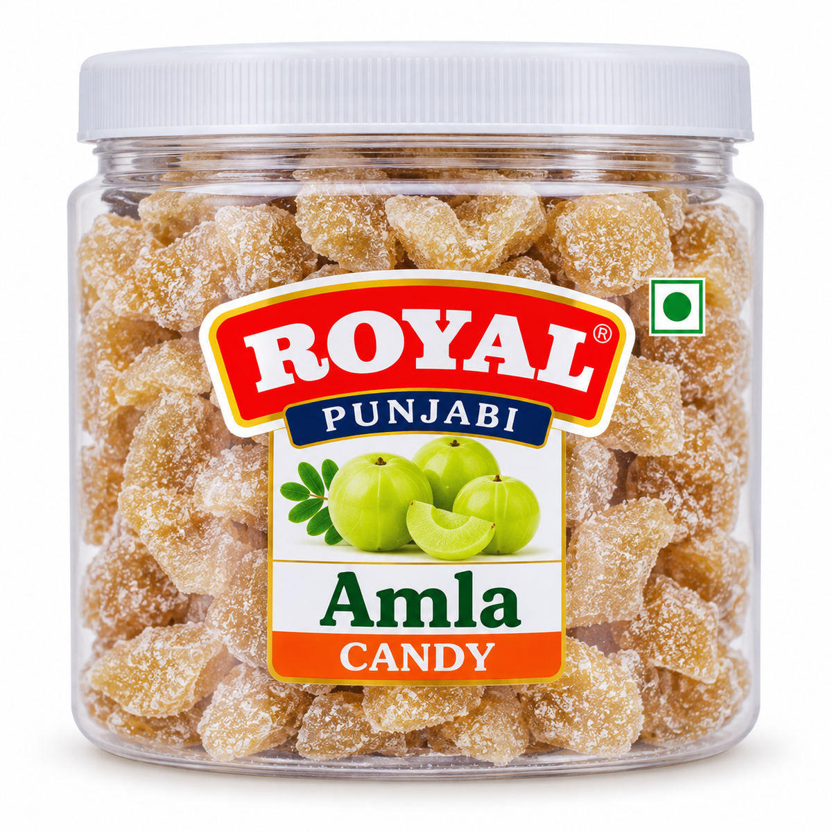 Royal Punjabi Amla Candy 160g clear plastic jar featuring sugar-coated amla candies, fresh green Indian gooseberries on the label, a white screw lid, and red, blue and orange branding.