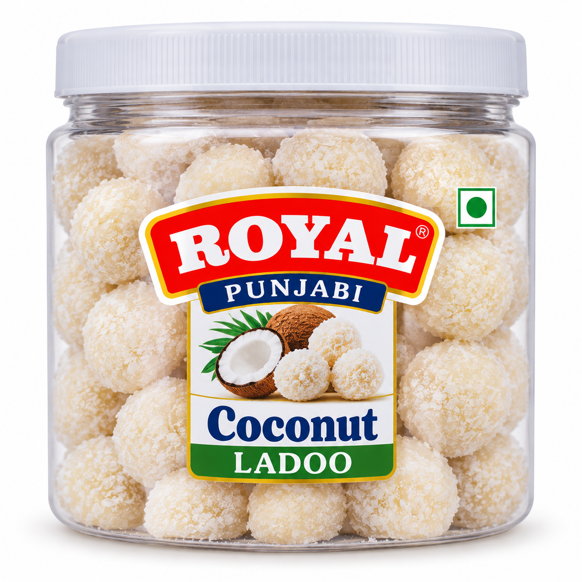 Royal Punjabi Coconut Ladoo 180g clear plastic jar featuring white coconut ladoos coated in shredded coconut, coconut graphics on the label, a white screw lid, and red, blue and green branding.