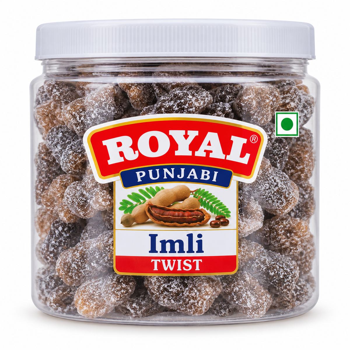 Royal Punjabi Imli Twist 150g tub featuring tangy tamarind candies coated with sugar crystals, a clear plastic container, white lid, and red, blue and white Royal Punjabi branding.