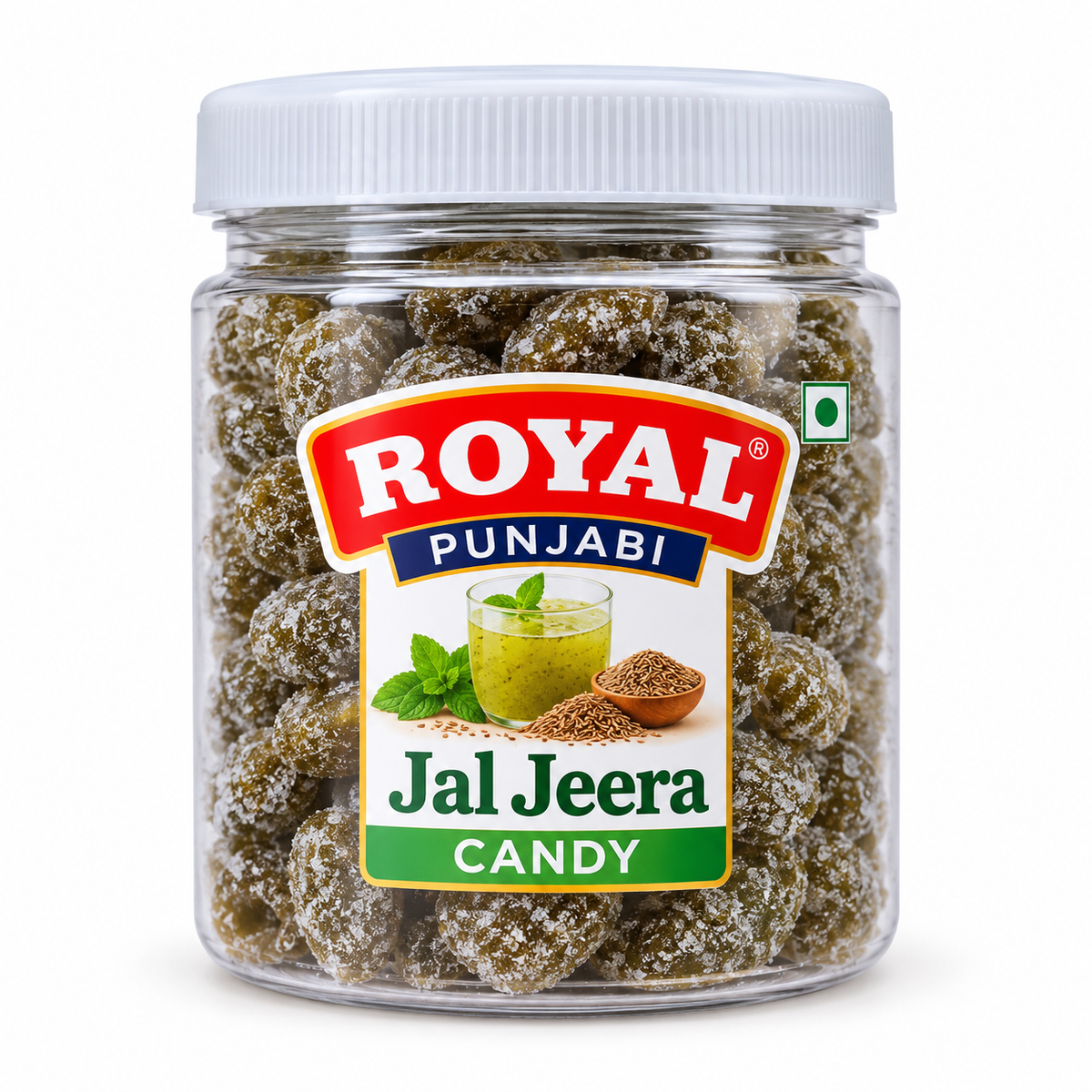 Royal Punjabi Jal Jeera Candy 100g clear plastic jar featuring dark jal jeera candies, a white screw lid, and a colourful label with cumin seeds, mint leaves, and Royal Punjabi branding.
