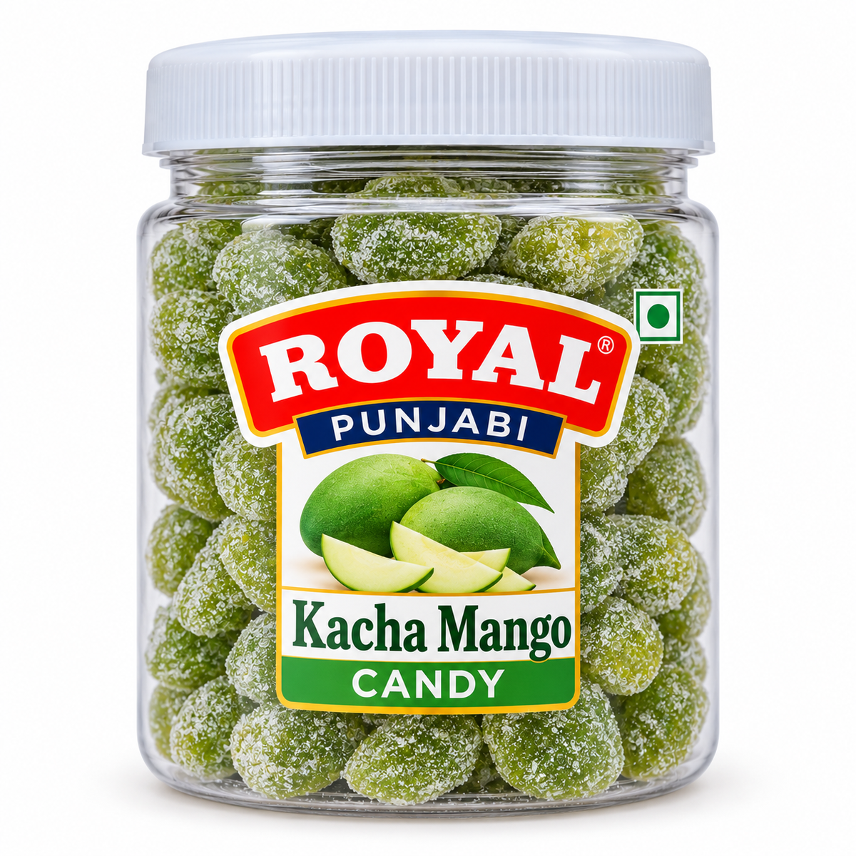 Royal Punjabi Kacha Mango Candy 100g clear plastic jar featuring green sugar-coated raw mango candies, fresh green mango graphics, a white screw lid, and red, blue and green Royal Punjabi branding.
