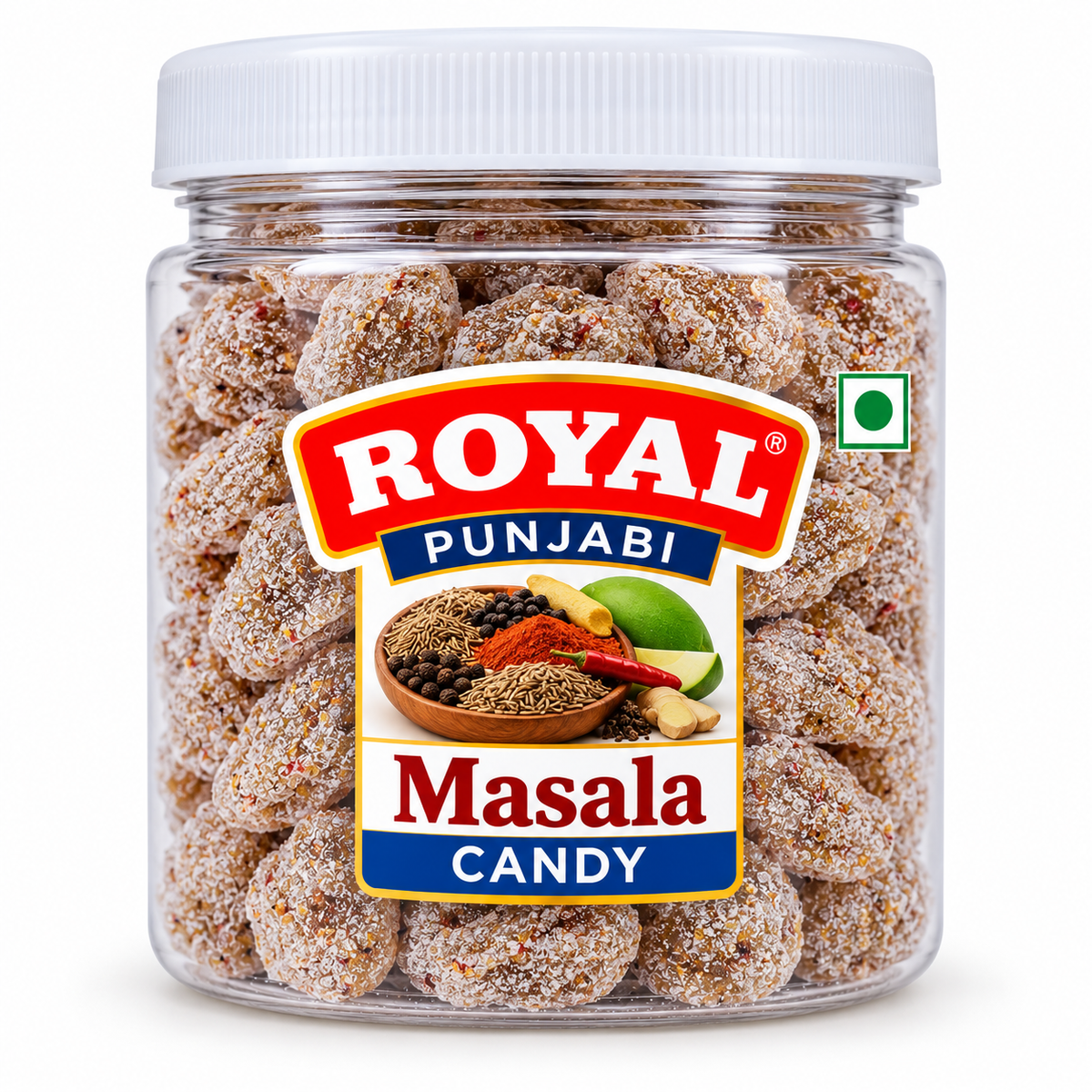 Royal Punjabi Masala Candy 100g clear plastic jar featuring brown spice-coated candies, assorted spices and green mango graphics on the label, a white screw lid, and red, blue and white Royal Punjabi branding.