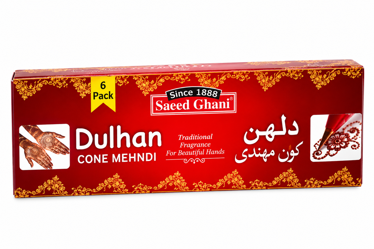 Saeed Ghani Dulhan Cone Mehndi in red and gold decorative packaging featuring traditional henna hand designs, a mehndi applicator illustration and multilingual product branding.