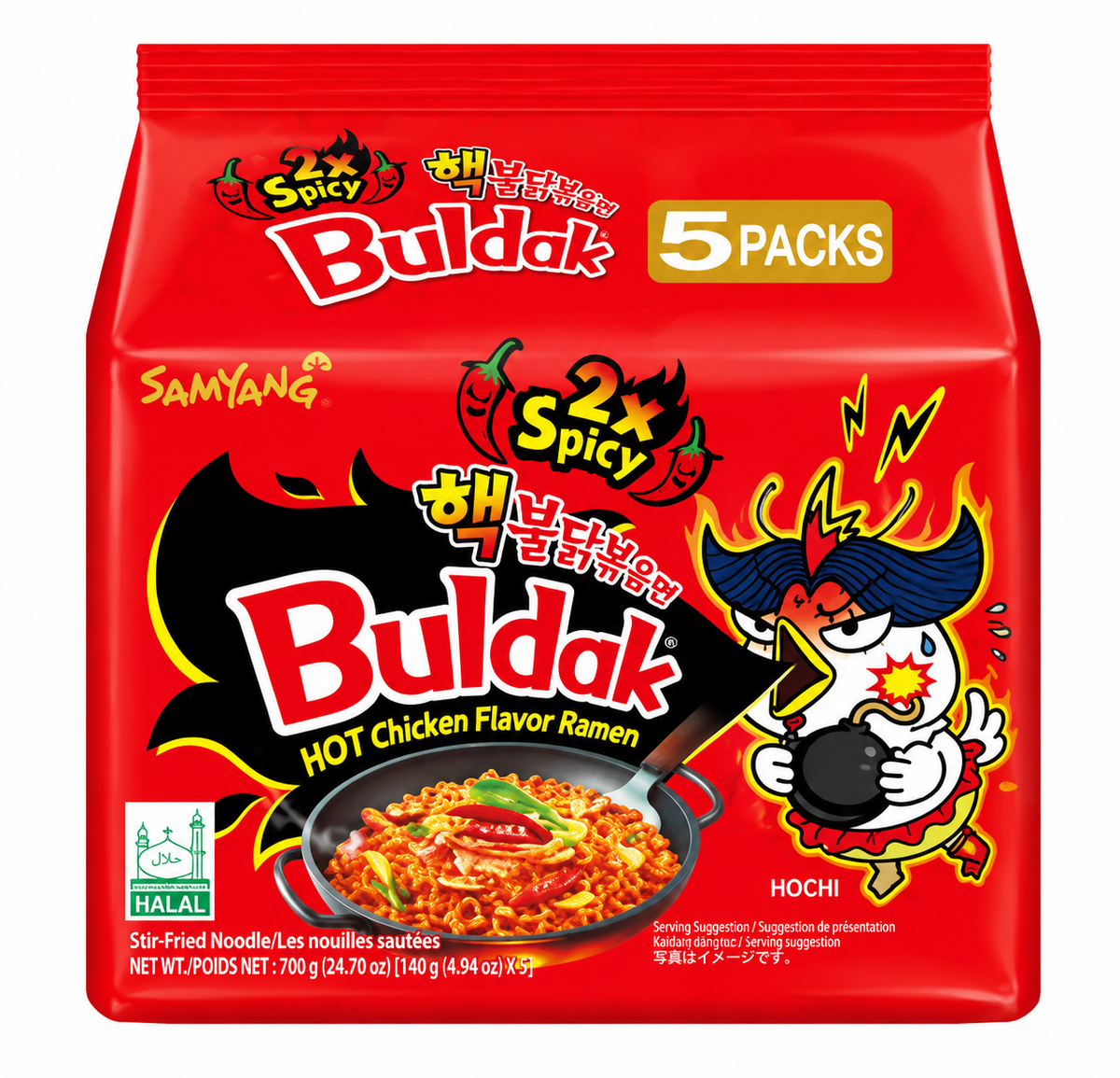 Samyang Buldak 2x Spicy Hot Chicken Flavor Ramen 5-pack in red packaging, featuring the Buldak mascot, spicy noodle bowl, and 700g net weight, displayed on a white background.
