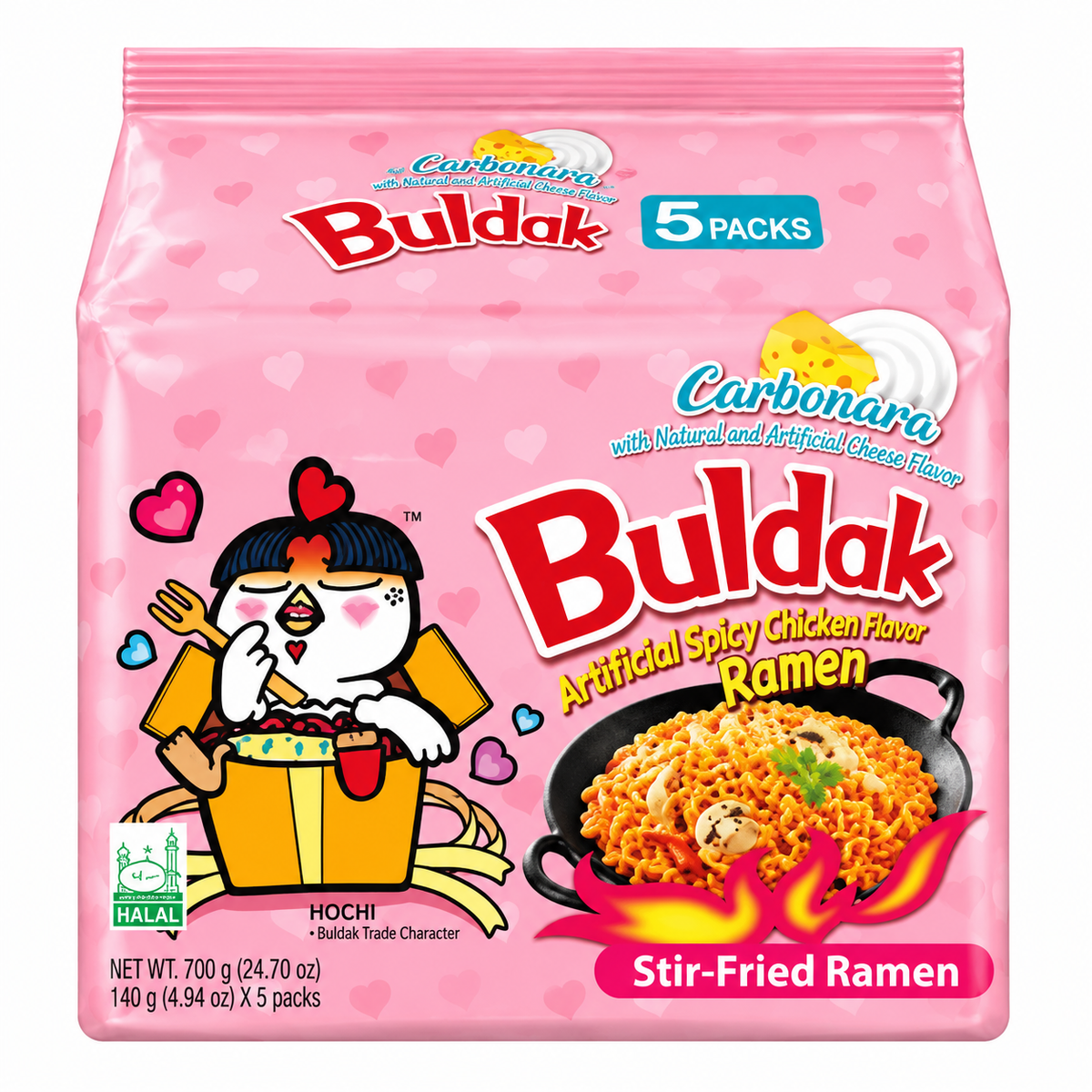 Samyang Buldak Carbonara spicy chicken flavor ramen 5-pack in pink packaging, featuring the Buldak mascot and a bowl of creamy spicy stir-fried noodles, displayed on a white background.