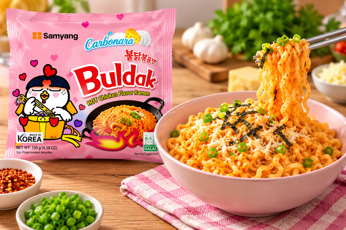 Samyang Buldak Hot Chicken Carbonara ramen noodles served in a bowl with creamy spicy sauce, spring onions and seaweed beside the pink noodle packet.
