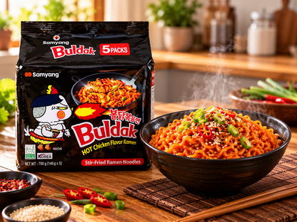 Samyang Buldak Hot Chicken Ramen 140g single pack displayed with a bowl of spicy stir-fried noodles, sesame seeds and fresh spring onions.