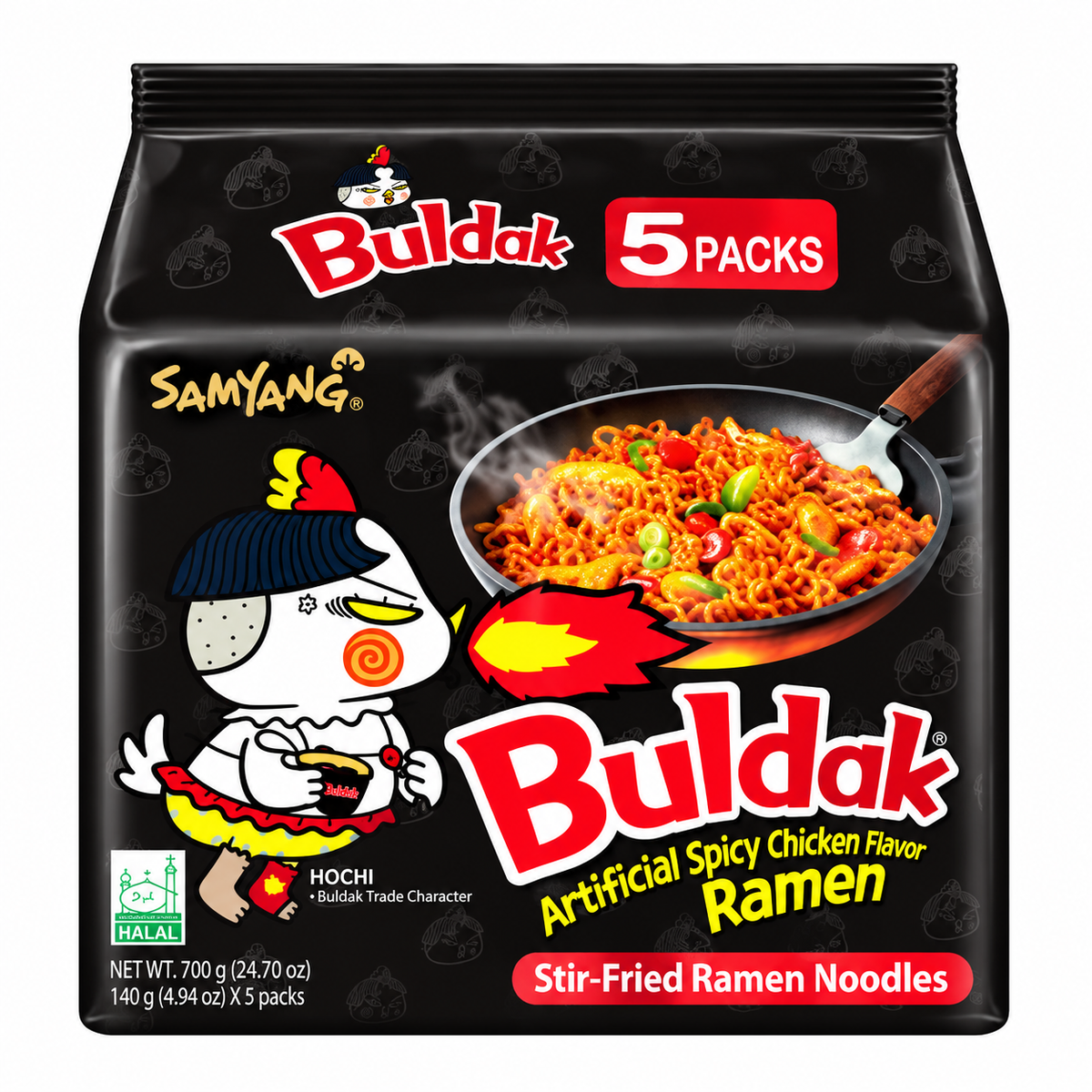 Samyang Buldak Spicy Chicken Flavor Ramen 5-pack in black packaging, featuring the Buldak mascot, a pan of spicy stir-fried noodles, and bold red and yellow branding on a white background.