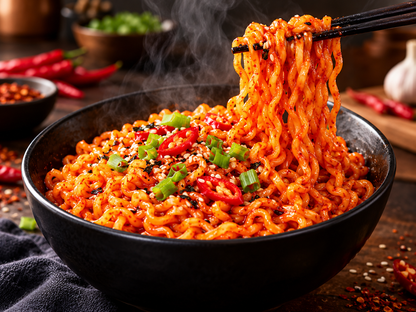 Spicy Korean-style ramen noodles coated in a rich red chili sauce, served in a black bowl with chopsticks lifting noodles, fresh red chilies, spring onions, and sesame seeds.