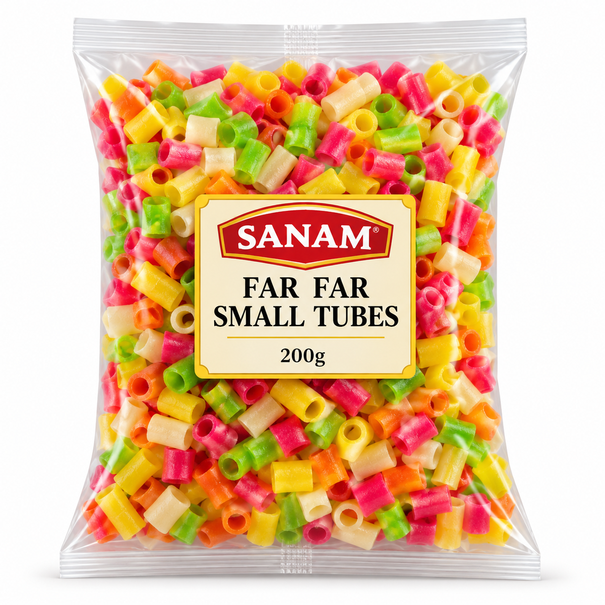 Sanam Far Far Small Tubes 200g transparent packet filled with colourful hollow tube-shaped fryums in pink, yellow, green, orange and cream, featuring a cream label with red Sanam branding, displayed upright against a clean white background.