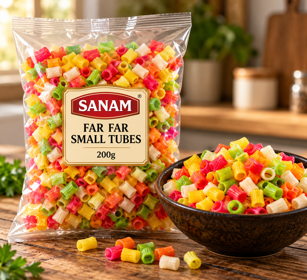 Sanam Far Far Small Tubes 200g packet displayed beside a bowl of colourful hollow tube-shaped fryums in pink, yellow, green, orange and cream, arranged on a rustic wooden kitchen table in a warm, inviting setting.